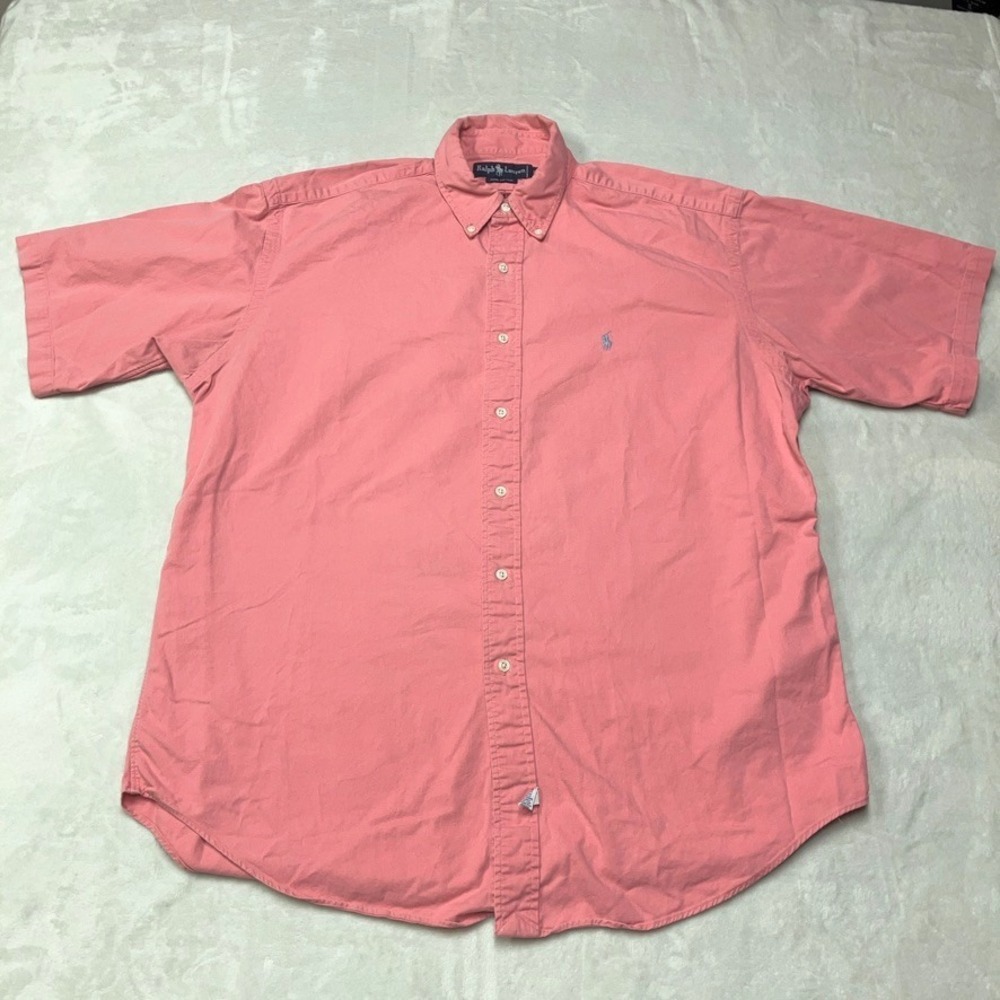 VTG Polo Ralph Lauren Short Sleeve Solid‎ Salmon Pink Button Down Shirt Mens L